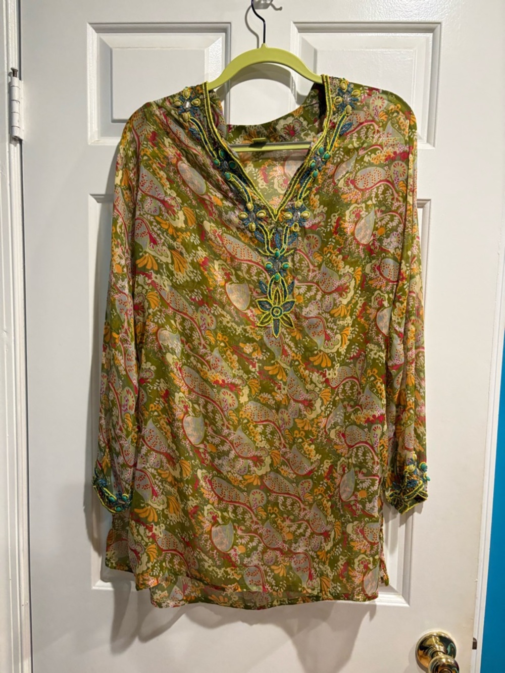Raj sheer silk embroidered beaded paisley tunic beach cover sz M. L